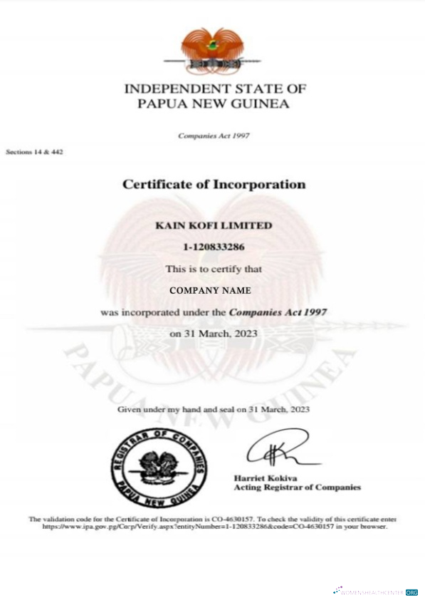 Download Papua New Guinea Certificate of Incorporation Photoshop template